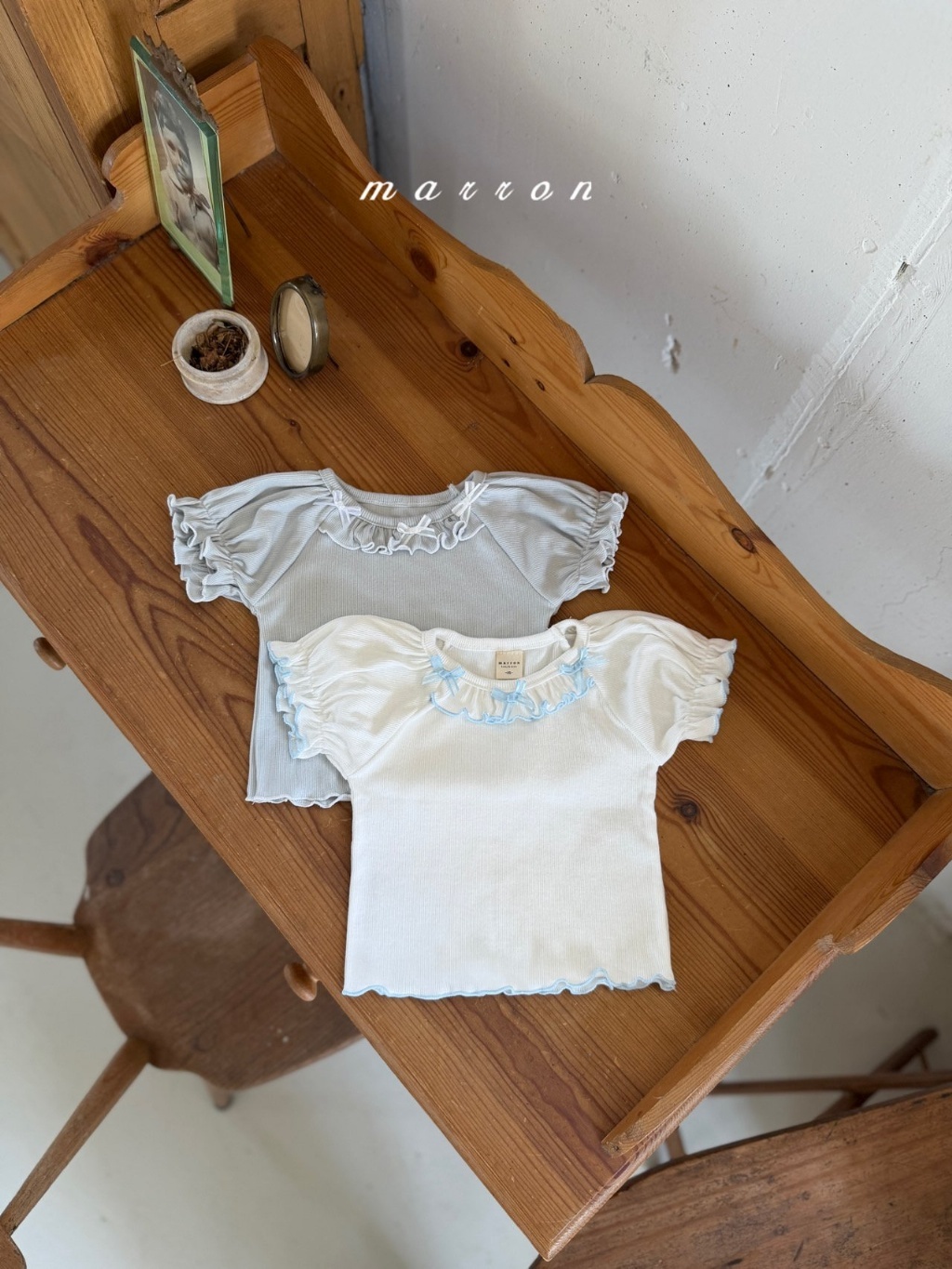 正韓夏Marron 小童兩色捲邊夢幻蝴蝶結上衣