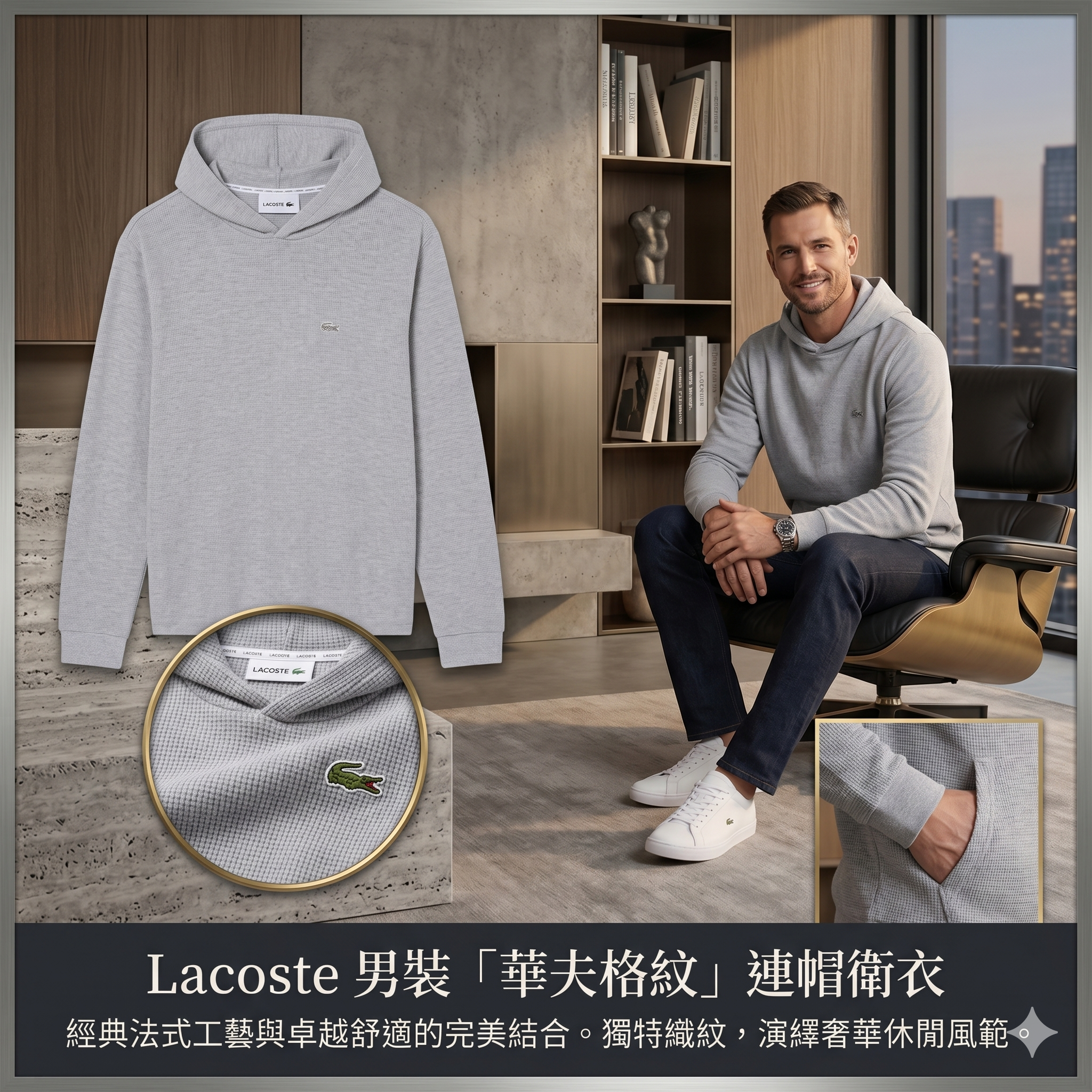 【預購】H042859 Lacoste 男裝「華夫格紋」連帽衛衣