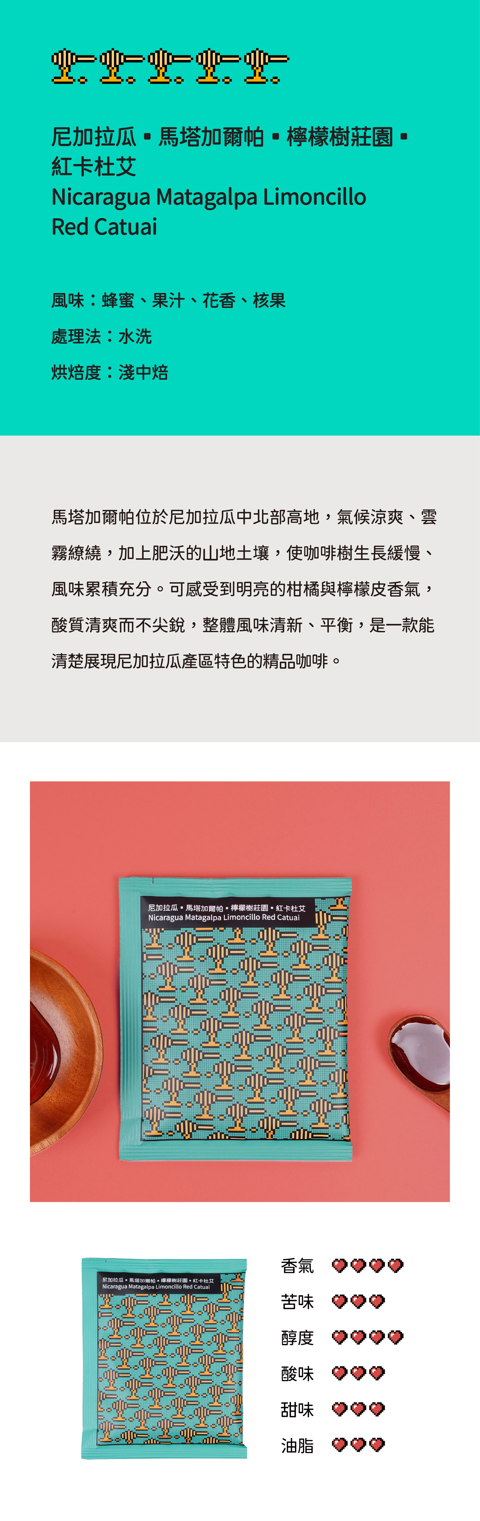 【aaah 咖啡】15g大容量 ｜尼加拉瓜.馬塔加爾帕.檸檬樹莊園.紅卡杜依 6入盒  產品描述