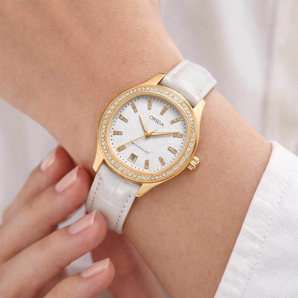 【ORSGA歐格世家】 9963L 晶鑽錶圈 微方形 帶日期窗 氣質 皮革 手錶