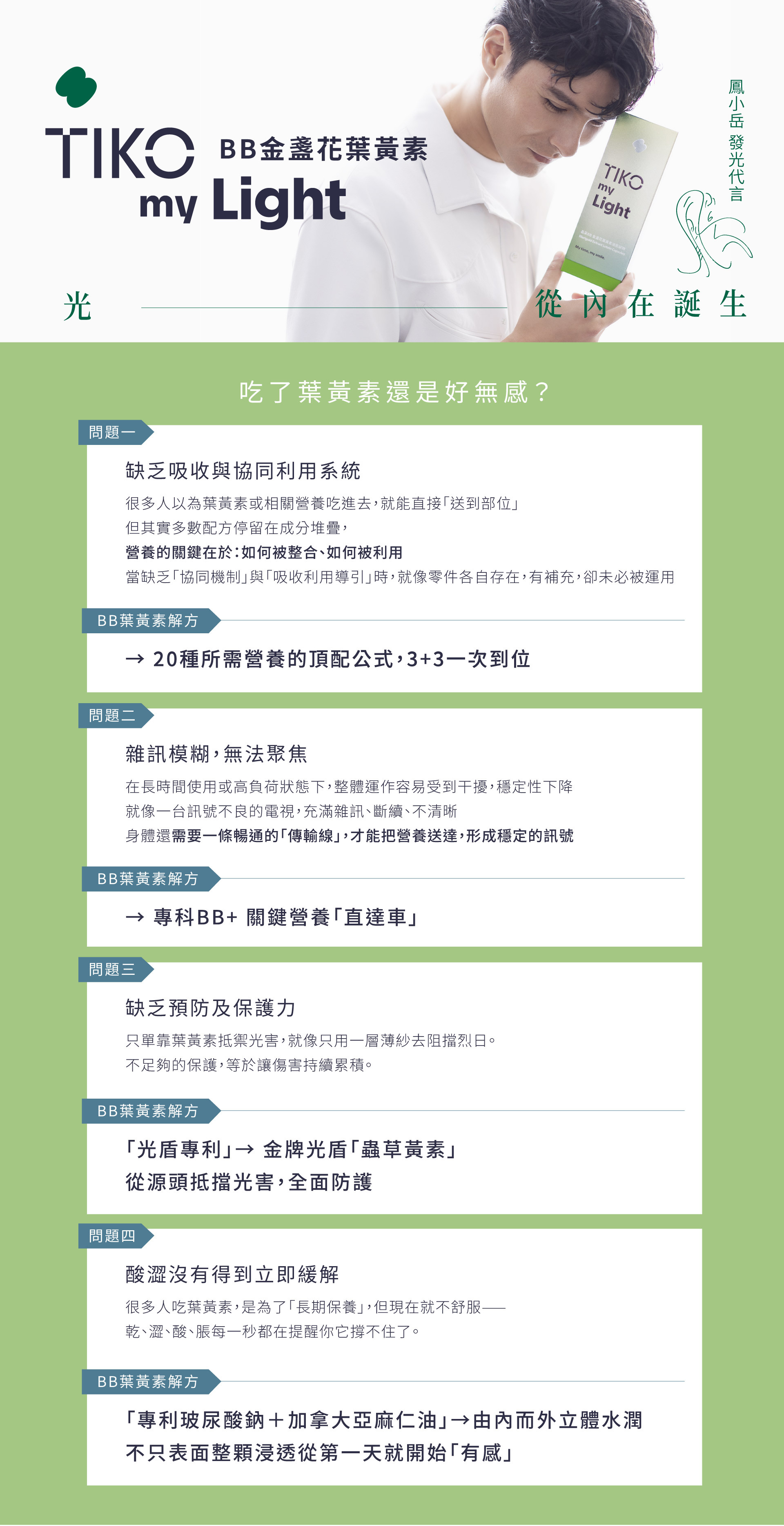 TIKO晶采BB金盞花葉黃素，專為解決葉黃素無感而生。透過20種營養頂配公式達成3+3營養到位，結合專科BB+穩定訊號傳遞，並以金牌光盾專利從源頭抵擋光害，搭配玻尿酸鈉與亞麻仁油提供立體水潤，由內而外徹底告別酸澀不適。