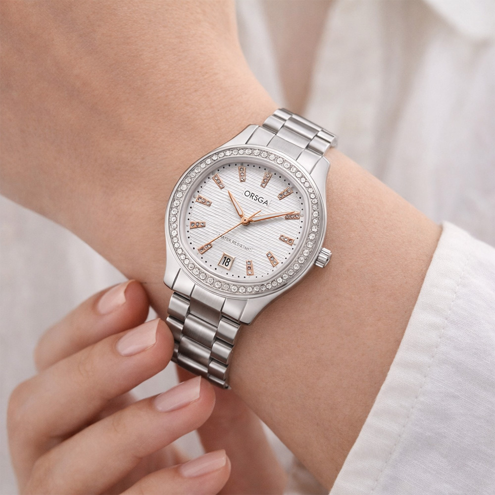 【ORSGA歐格世家】 9963L 晶鑽錶圈 微方形 帶日期窗 氣質 鋼帶 手錶