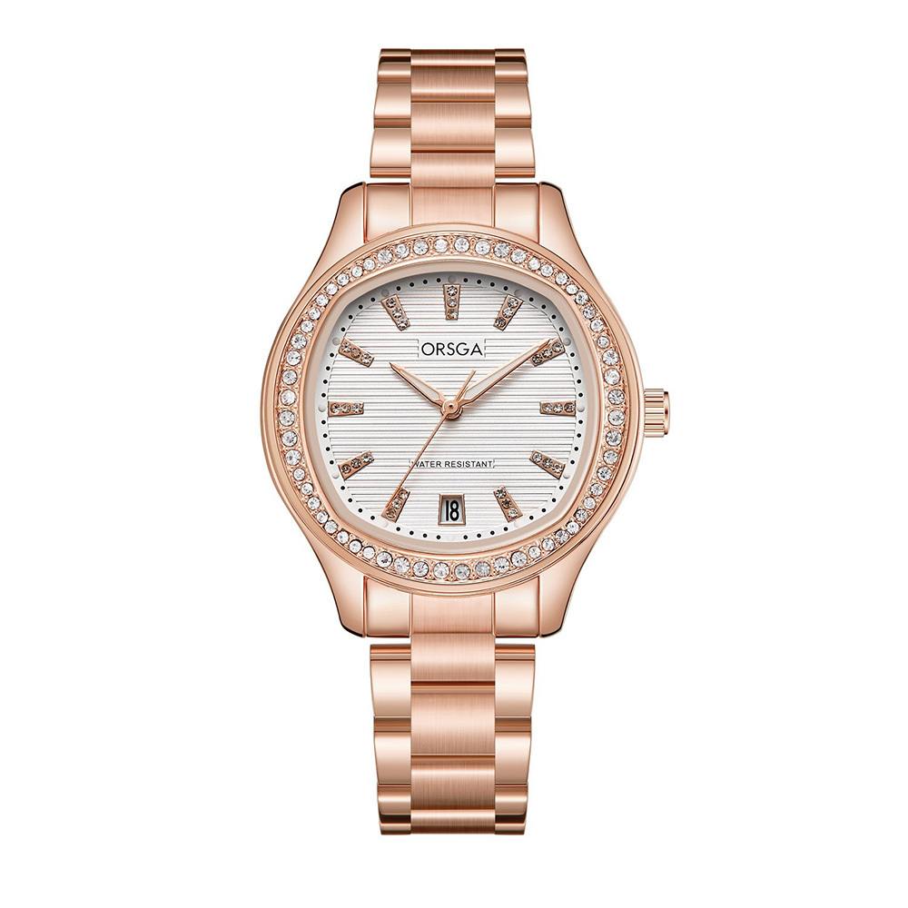 【ORSGA歐格世家】 9963L 晶鑽錶圈 微方形 帶日期窗 氣質 鋼帶 手錶