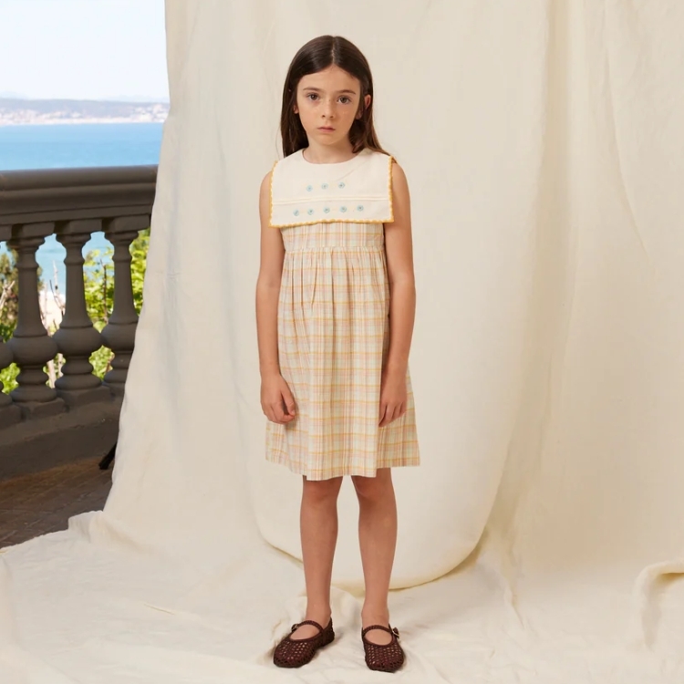 Bebe Organic 繽紛格紋小花刺繡領無袖洋裝 Giulia Dress - SS26 Lagoon Checks
