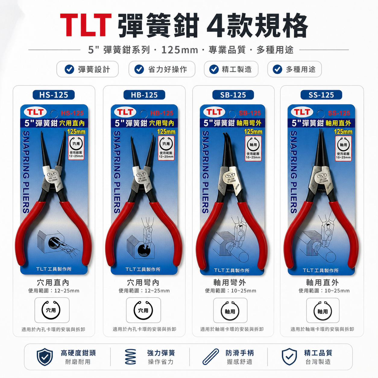 TLT｜彈簧鉗｜德式卡簧鉗 軸用 穴用 膠柄彈簧鉗 卡環鉗 C型環 E型環 墊片鉗 5吋 125mm｜台灣製