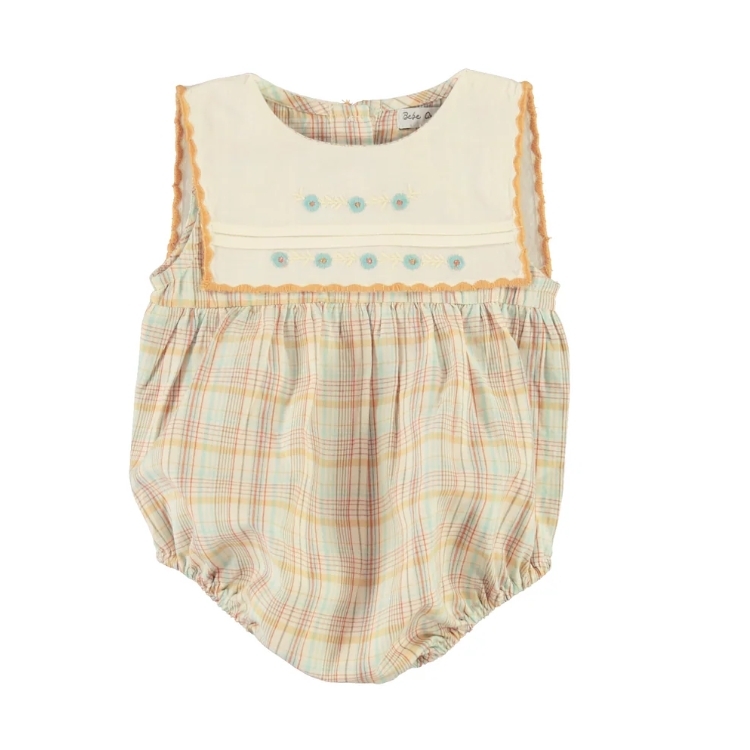Bebe Organic 繽紛格紋小花刺繡領無袖包屁衣 Giulia Romper - SS26 Lagoon Checks