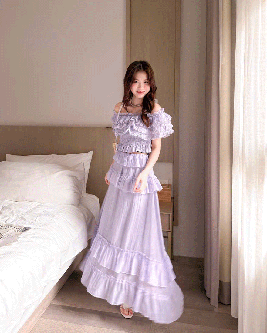 LINA LINA傾心旋律荷葉流蘇上衣層次長裙兩件組-薰衣紫