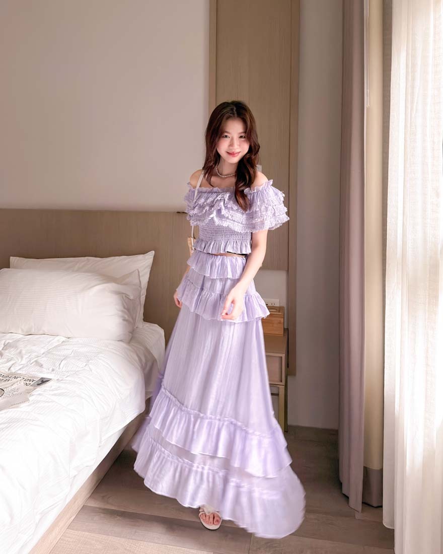LINA LINA傾心旋律荷葉流蘇上衣層次長裙兩件組-薰衣紫