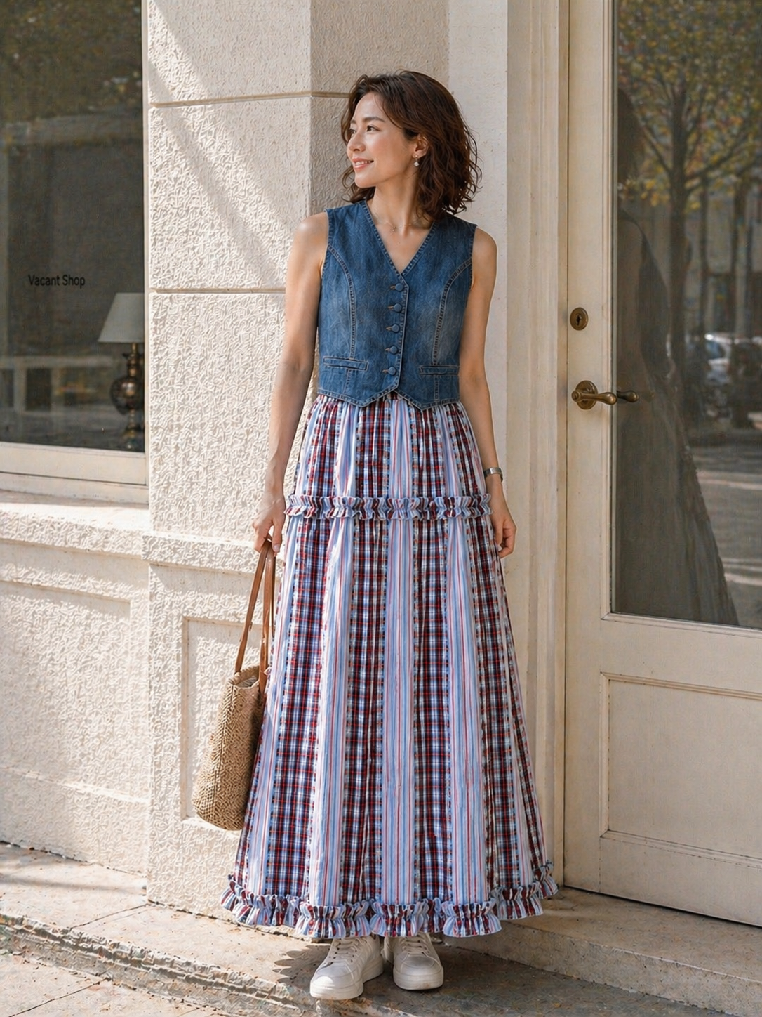 ELASTIC WAISTED PLAID & STRIPED LONG SKIRT