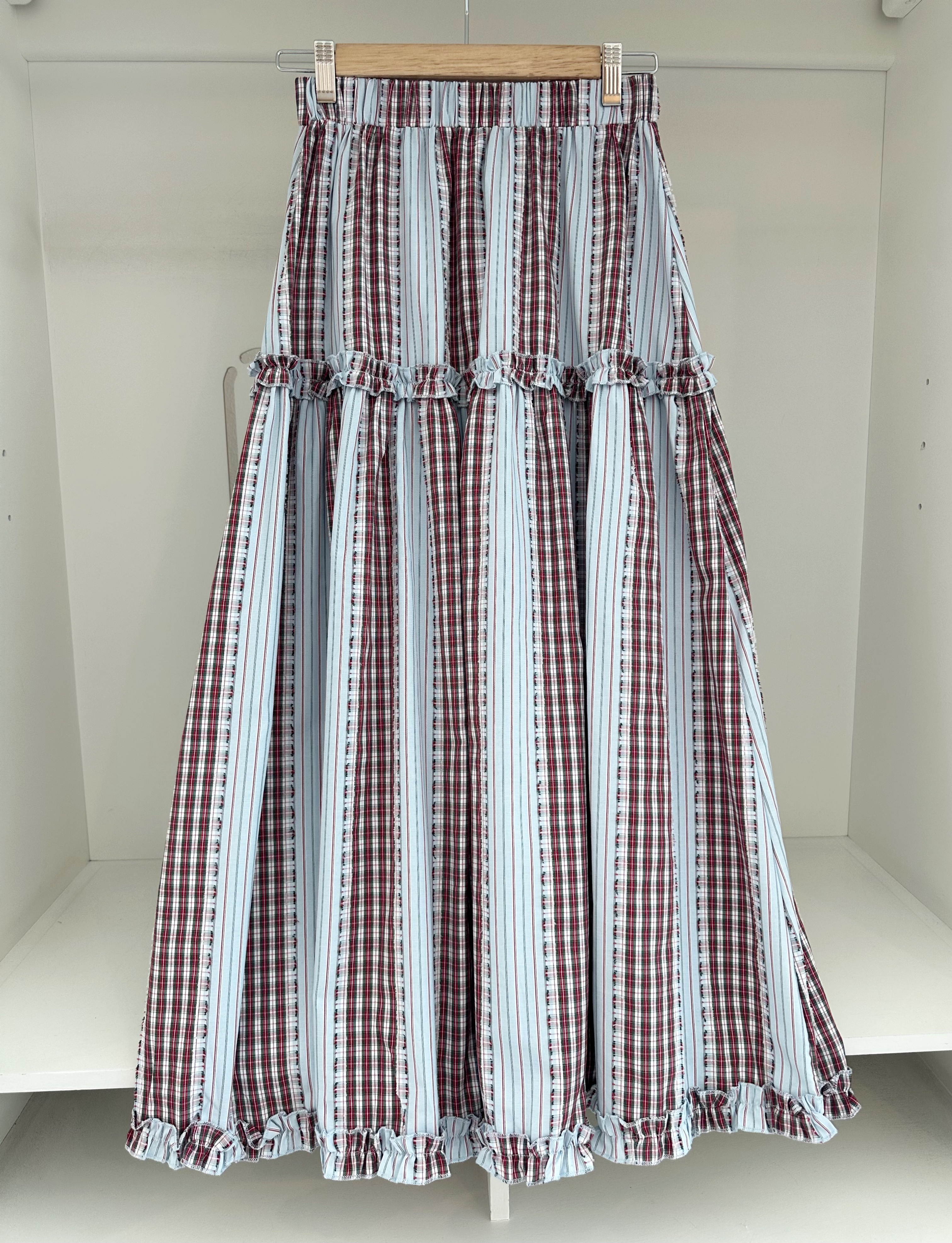 ELASTIC WAISTED PLAID & STRIPED LONG SKIRT