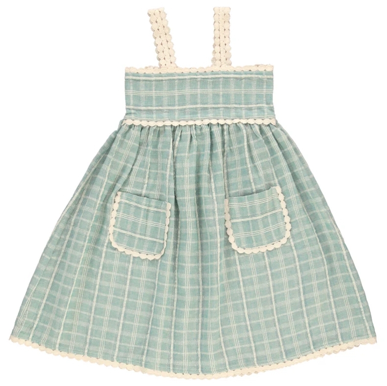 Bebe Organic 藍調格紋鏤空吊帶洋裝 Mia Dress - SS26 Rustic Atlantic