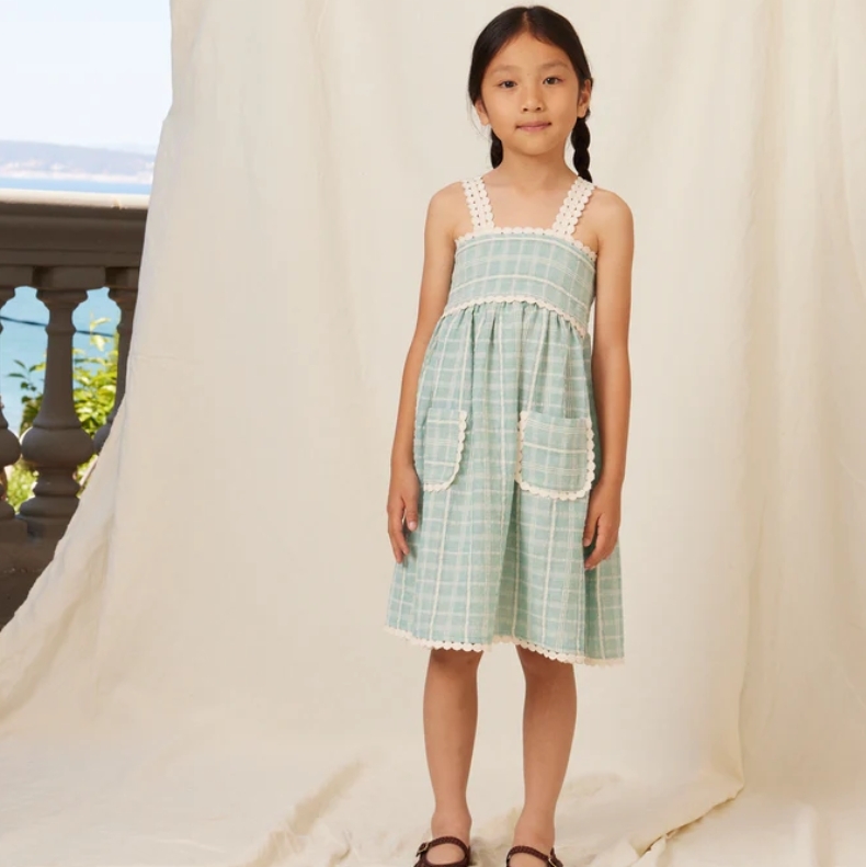 Bebe Organic 藍調格紋鏤空吊帶洋裝 Mia Dress - SS26 Rustic Atlantic