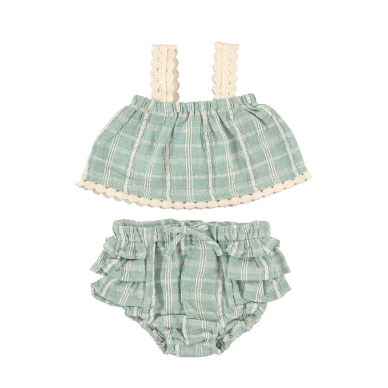 Bebe Organic 藍調格紋鏤空吊帶套裝 Mia Baby Set - SS26 Rustic Atlantic