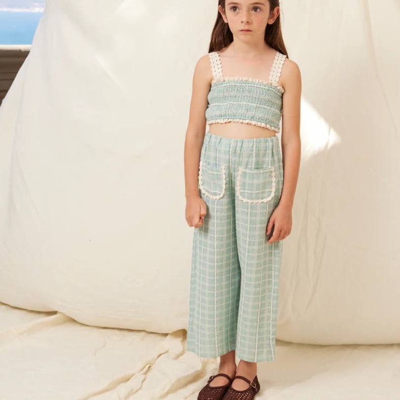 Bebe Organic 藍調格紋雙口袋長褲 Mia Pants - SS26 Rustic Atlantic