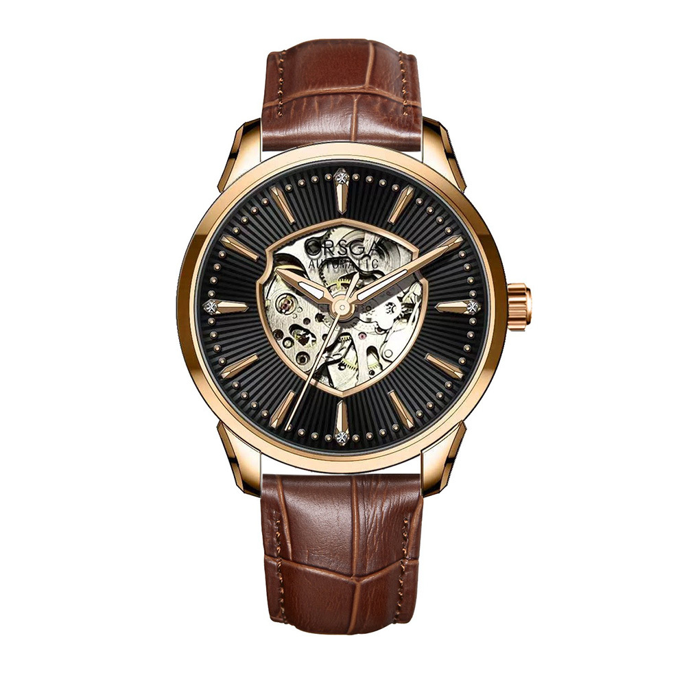 【ORSGA歐格世家】 9116G 經典商務 盾牌鏤空 機械 皮革 手錶