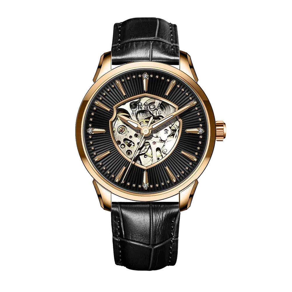 【ORSGA歐格世家】 9116G 經典商務 盾牌鏤空 機械 皮革 手錶