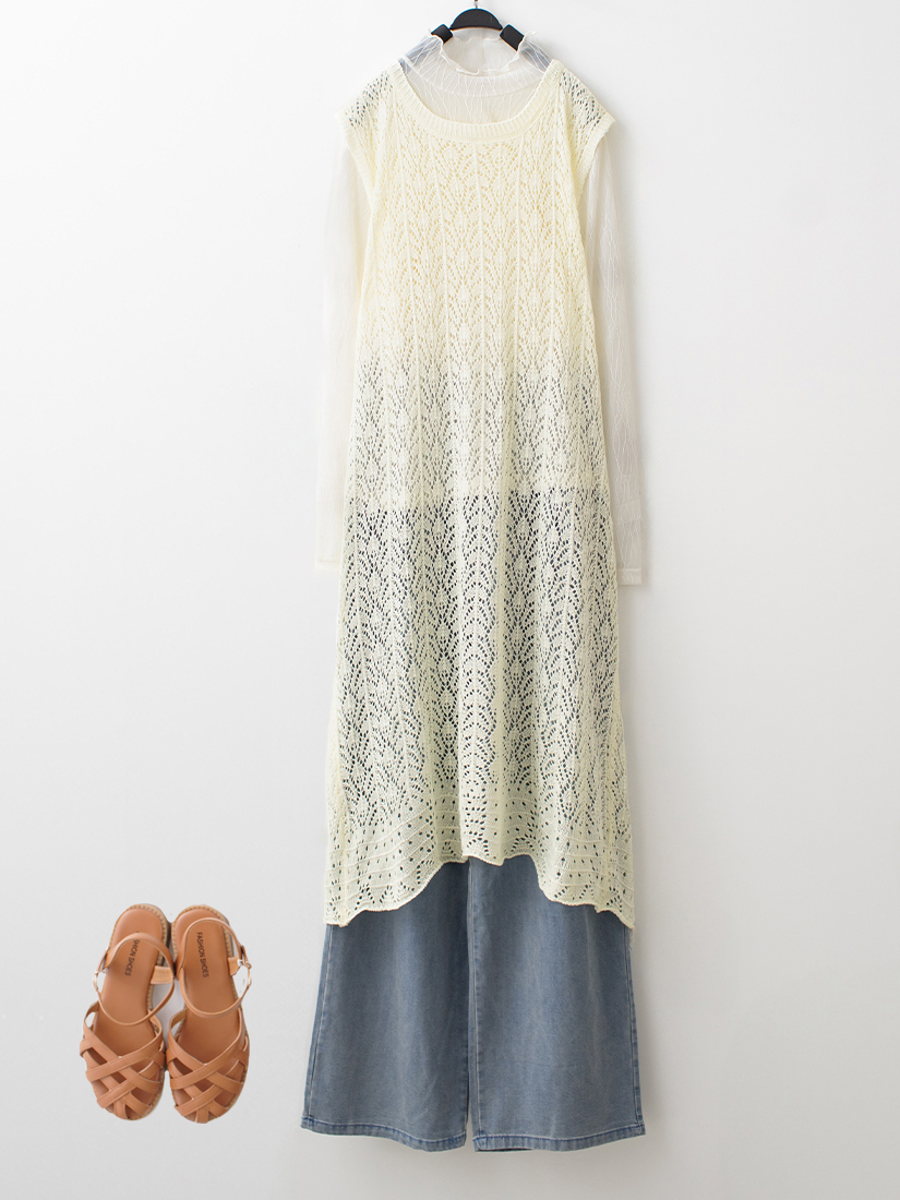 簍空後開衩針織背心透膚小立領內搭天絲棉打褶寬褲組合