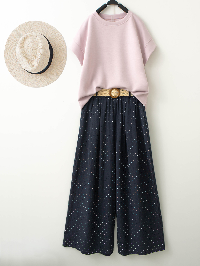 空氣棉連袖上衣棉麻點點印花九分寬褲組合