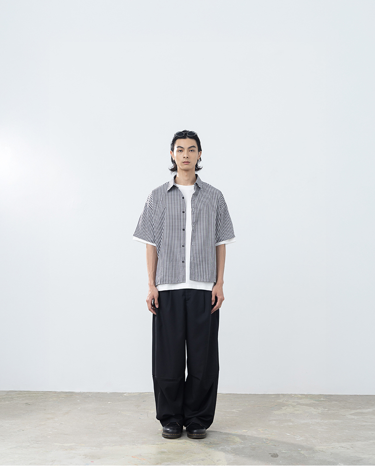 Men's Classic Plaid Embroidered Letter Short-Sleeve Shirt - Black M/L/XL【01025811】in stock+pre-order