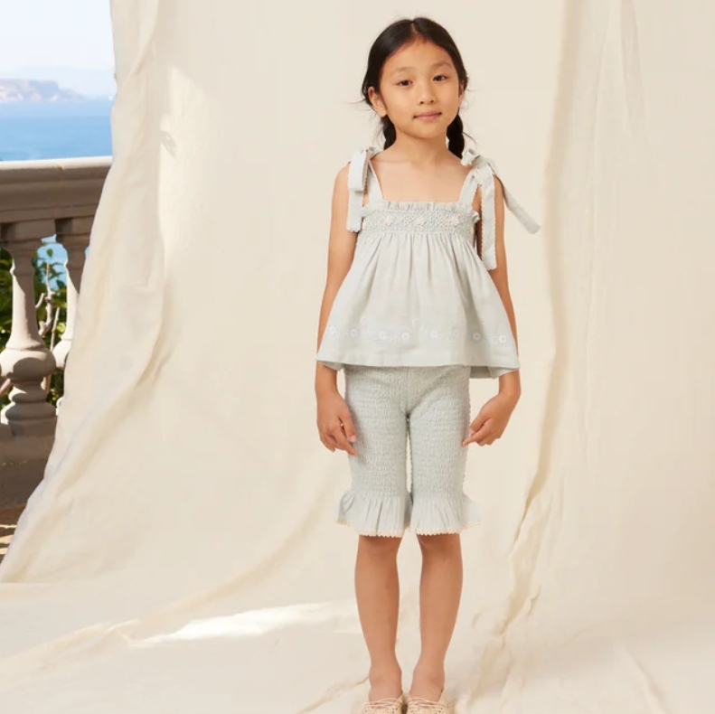 Bebe Organic 荷葉邊褶皺小花刺繡肩膀帶上衣 Maya Top - SS26 Cloud Blue