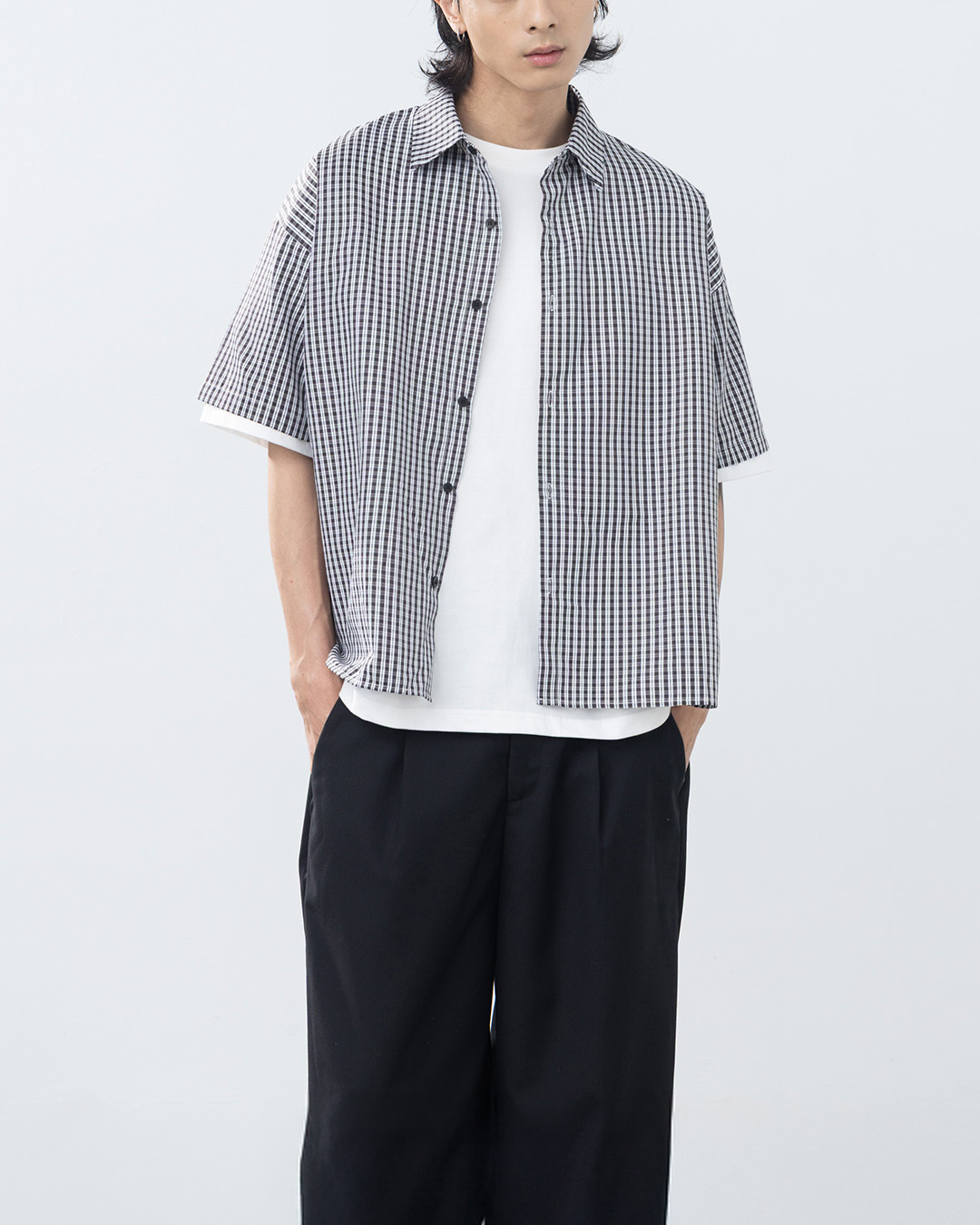 Men's Classic Plaid Embroidered Letter Short-Sleeve Shirt - Black M/L/XL【01025811】in stock+pre-order