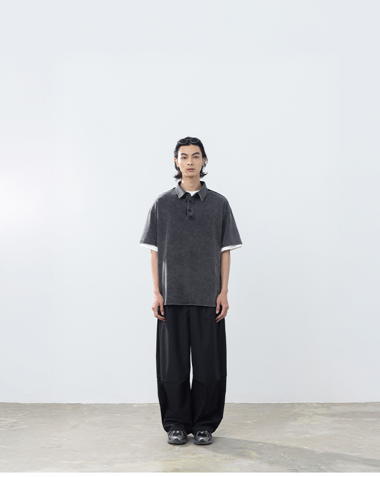 Men's Washed Half-Platform Polo Collar Short-Sleeve Top - Black M/L/XL【01060071】in stock+pre-order