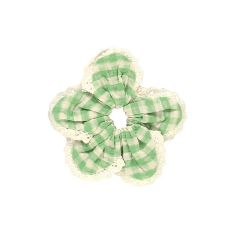 Bebe Organic 花朵造型格紋蕾絲髮圈 Tilia Chouchou - SS26 Green Gingham
