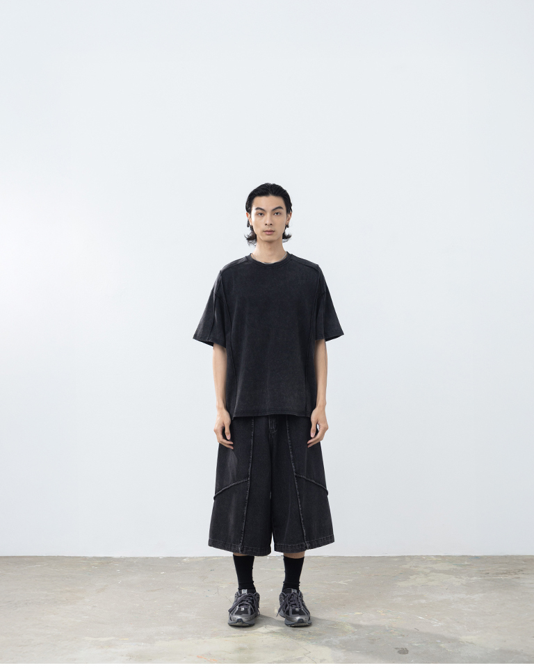 Men's Wide-Sleeve Short-Sleeve Top with Washed Finish - Black (S/M/L/XL)【01190330】in stock+pre-order