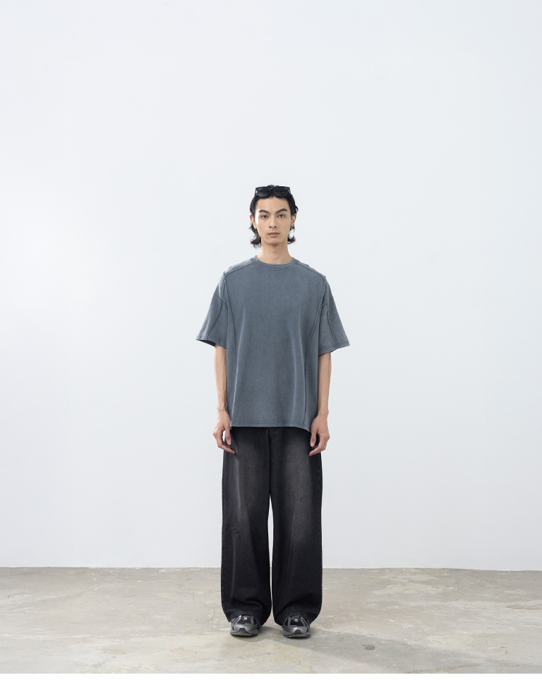 Men's Wide-Sleeve Short-Sleeve Top with Washed Finish - Gray (S/M/L/XL)【01190331】in stock+pre-order