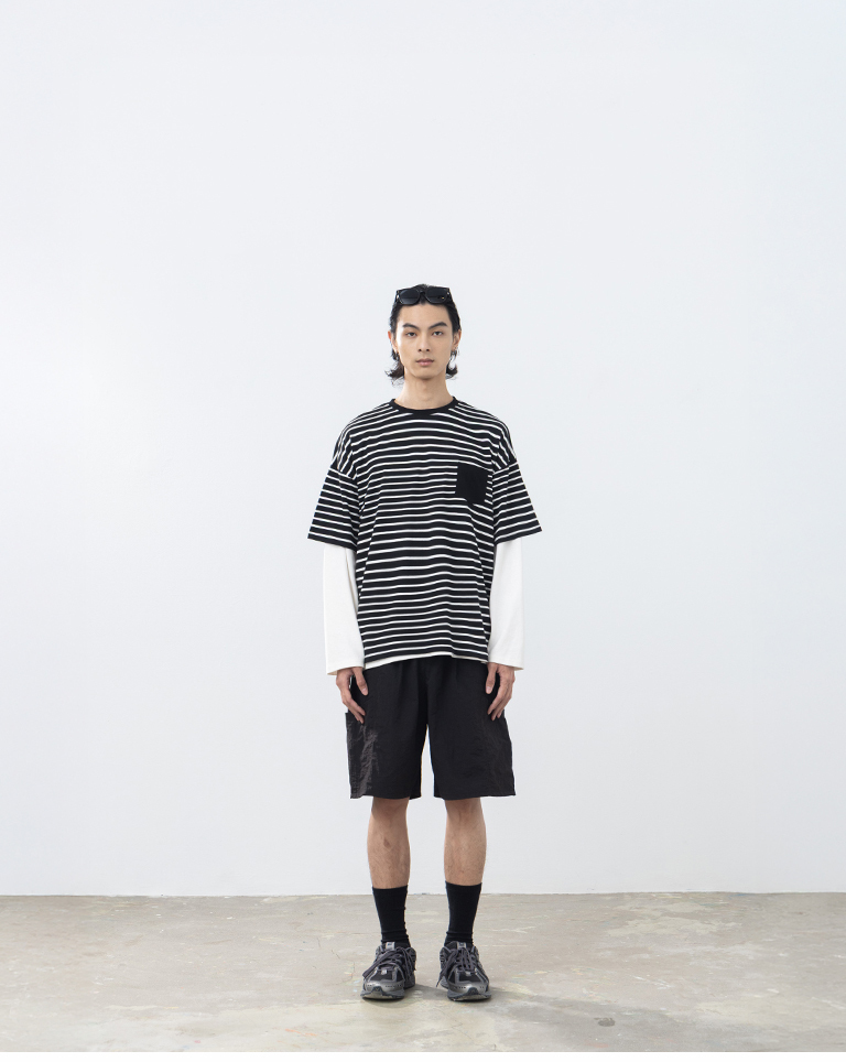 Men's Striped Color-Blocked Pocket Short-Sleeve Top - Black M/L/XL【01190332】in stock+pre-order