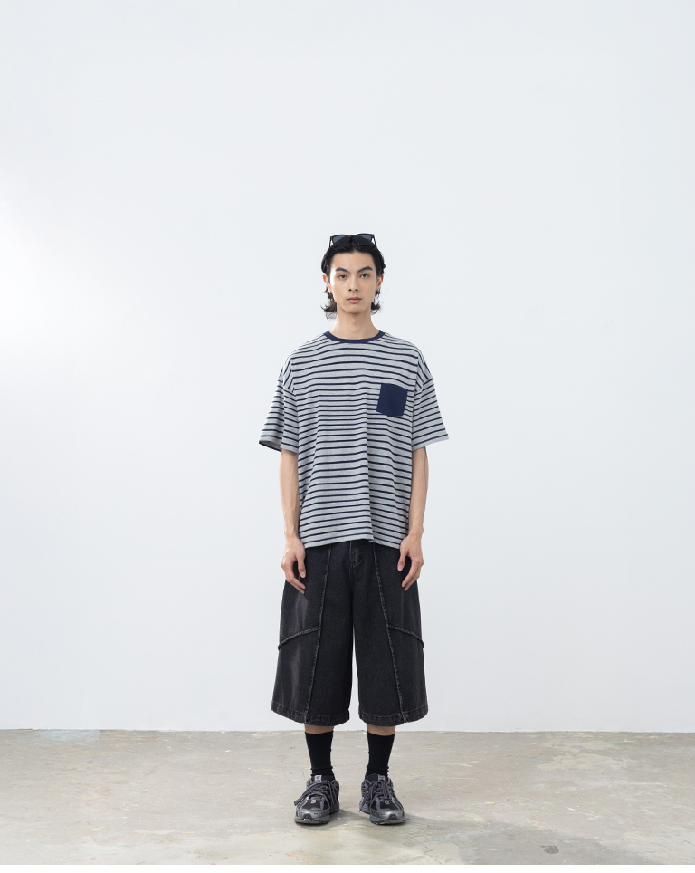 Men's Striped Short-Sleeve Shirt with Pockets - Gray M/L/XL【01190334】in stock+pre-order