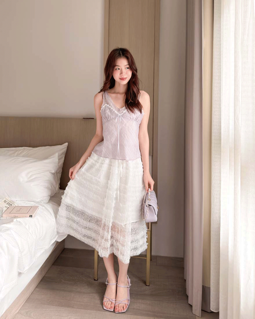 LINA LINA柔美香調蕾絲蝴蝶結假兩件紋理上衣-浪漫紫