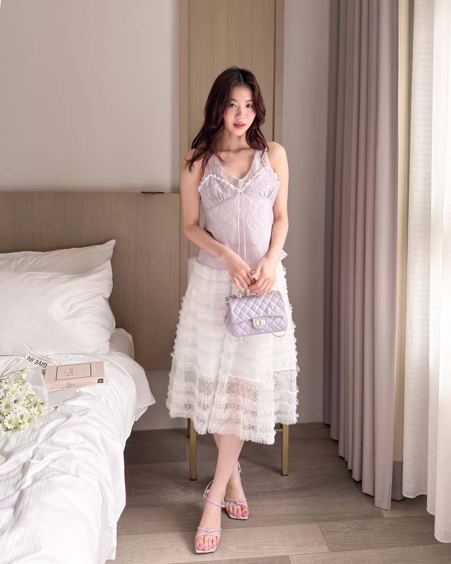 LINA LINA柔美香調蕾絲蝴蝶結假兩件紋理上衣-浪漫紫