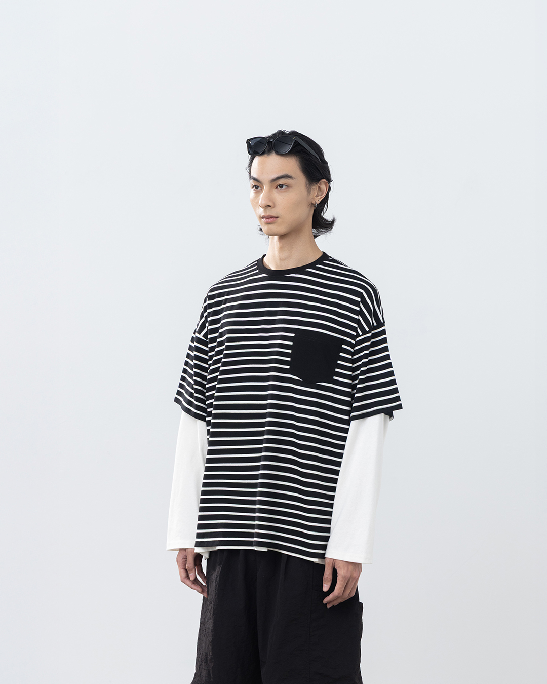 Men's Striped Color-Blocked Pocket Short-Sleeve Top - Black M/L/XL【01190332】in stock+pre-order