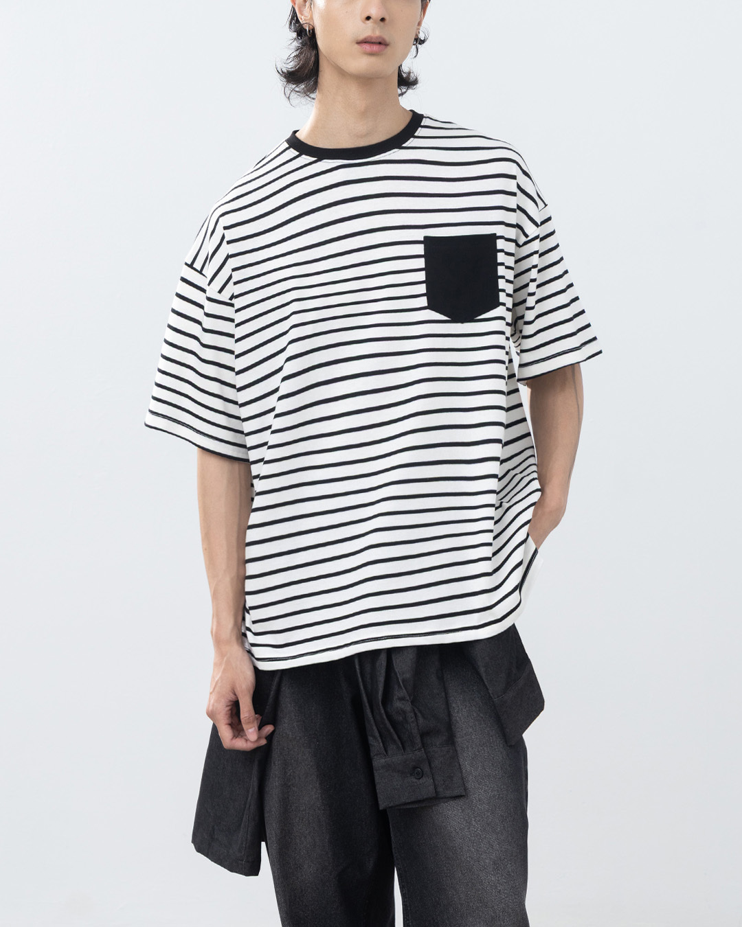 Men's Striped Short-Sleeve Shirt with Pockets - White M/L/XL【01190333】in stock+pre-order