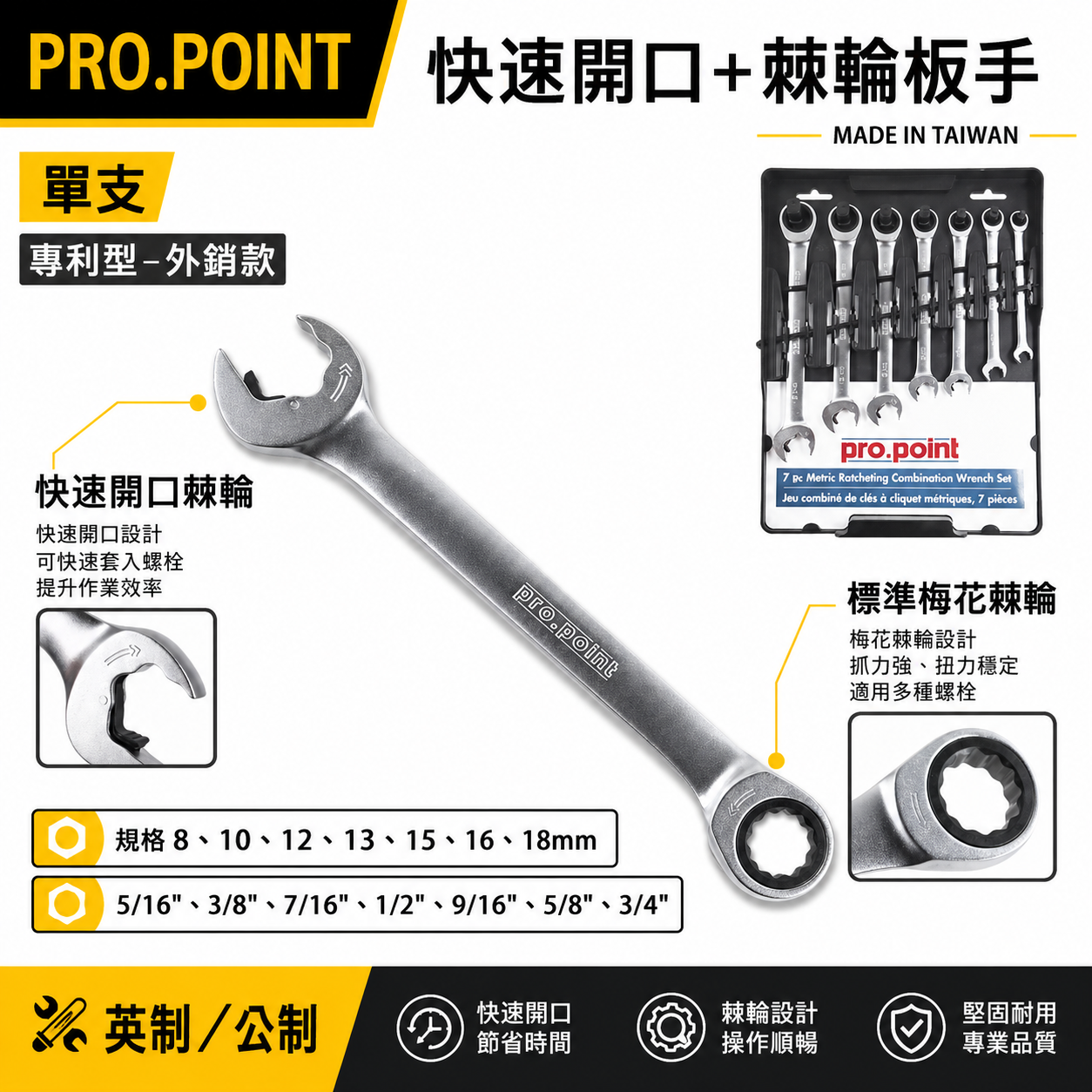 PRO.POINT 台灣製｜公制英制-快速開口型扳手+快速棘輪梅花扳手 快速棘輪板手 快速梅花開口板手｜單支
