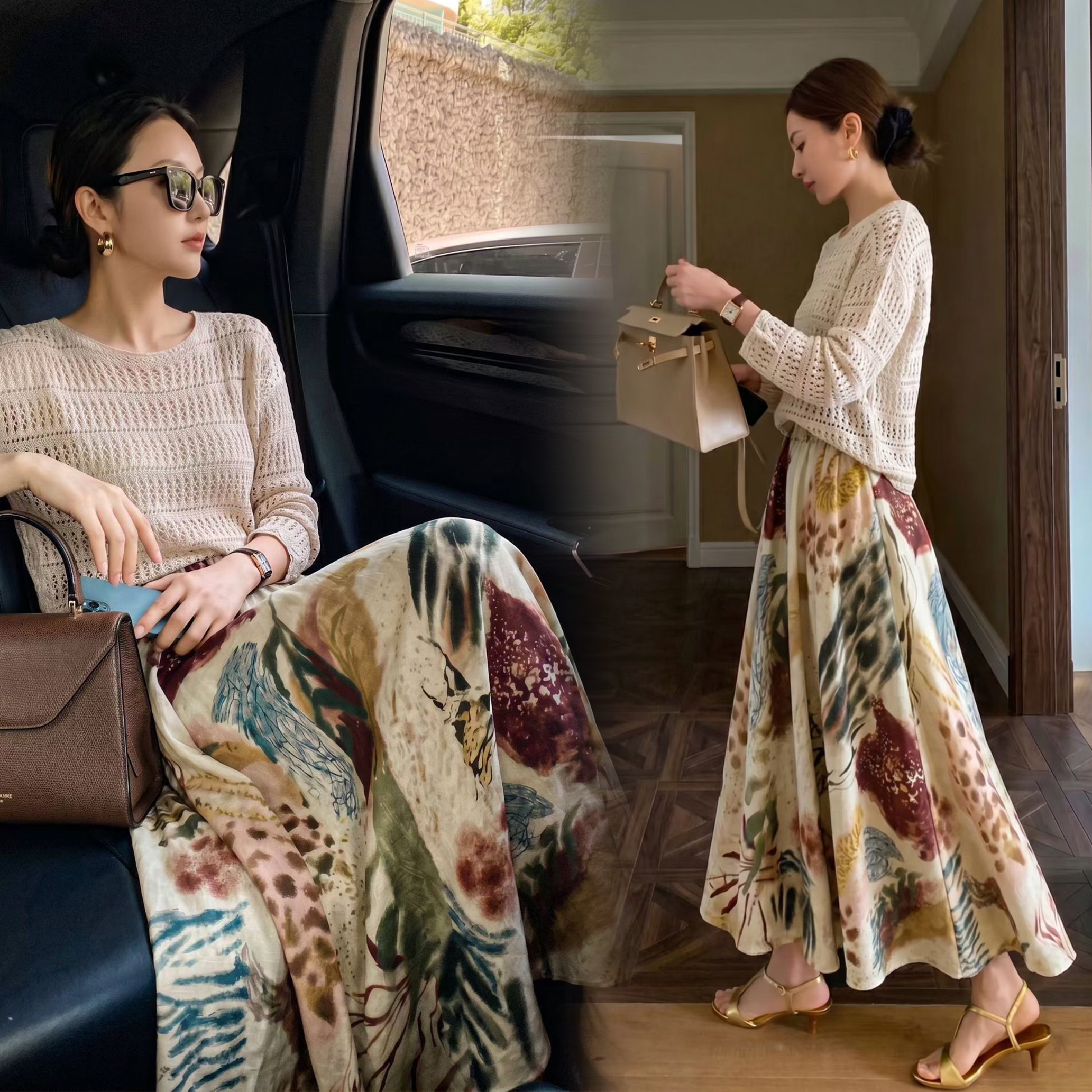 浪漫夏日暈染花朵圖騰傘擺長裙-S-XL (Elegant & Love)