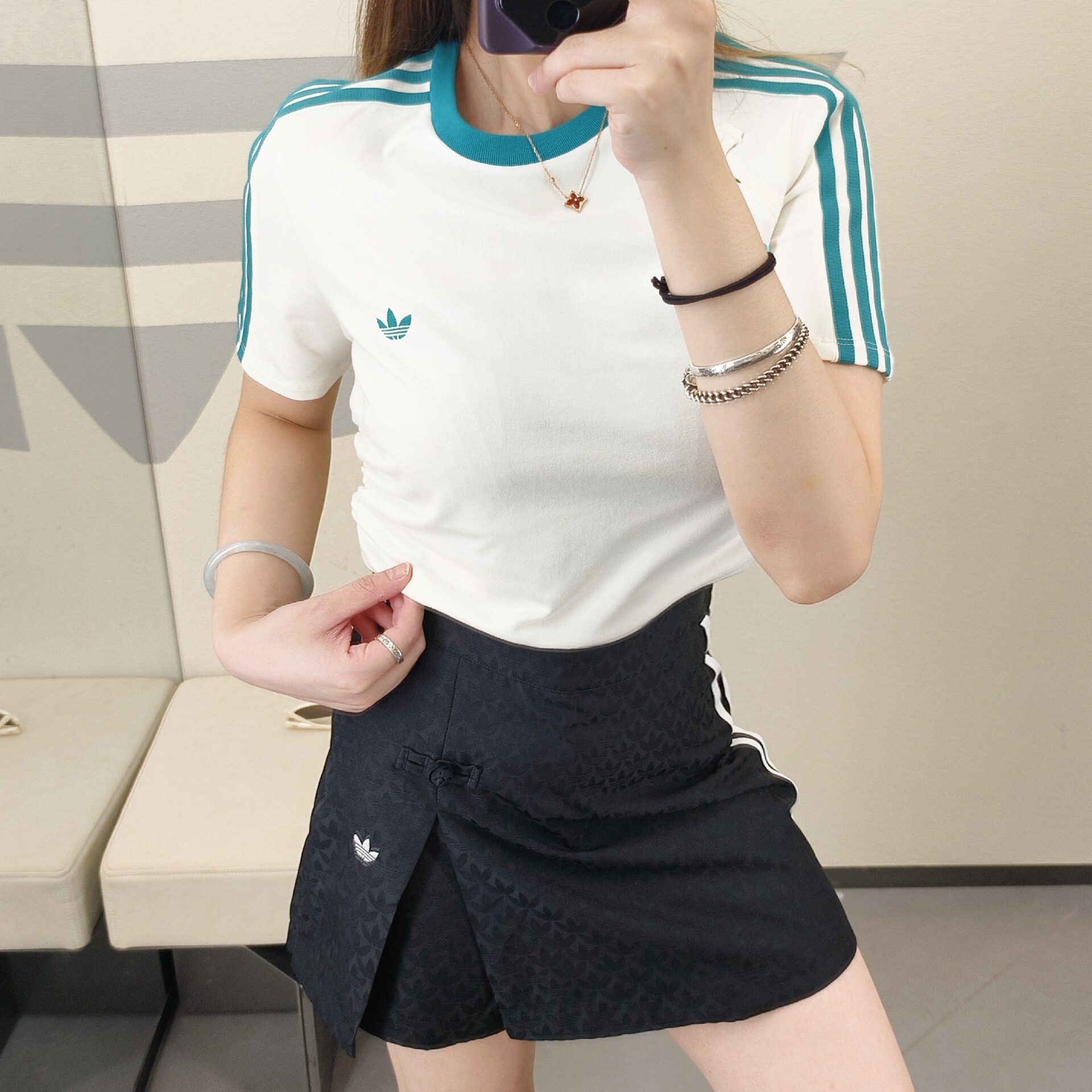 adidas Three Stripes Chinese Frog Button Cropped Tee