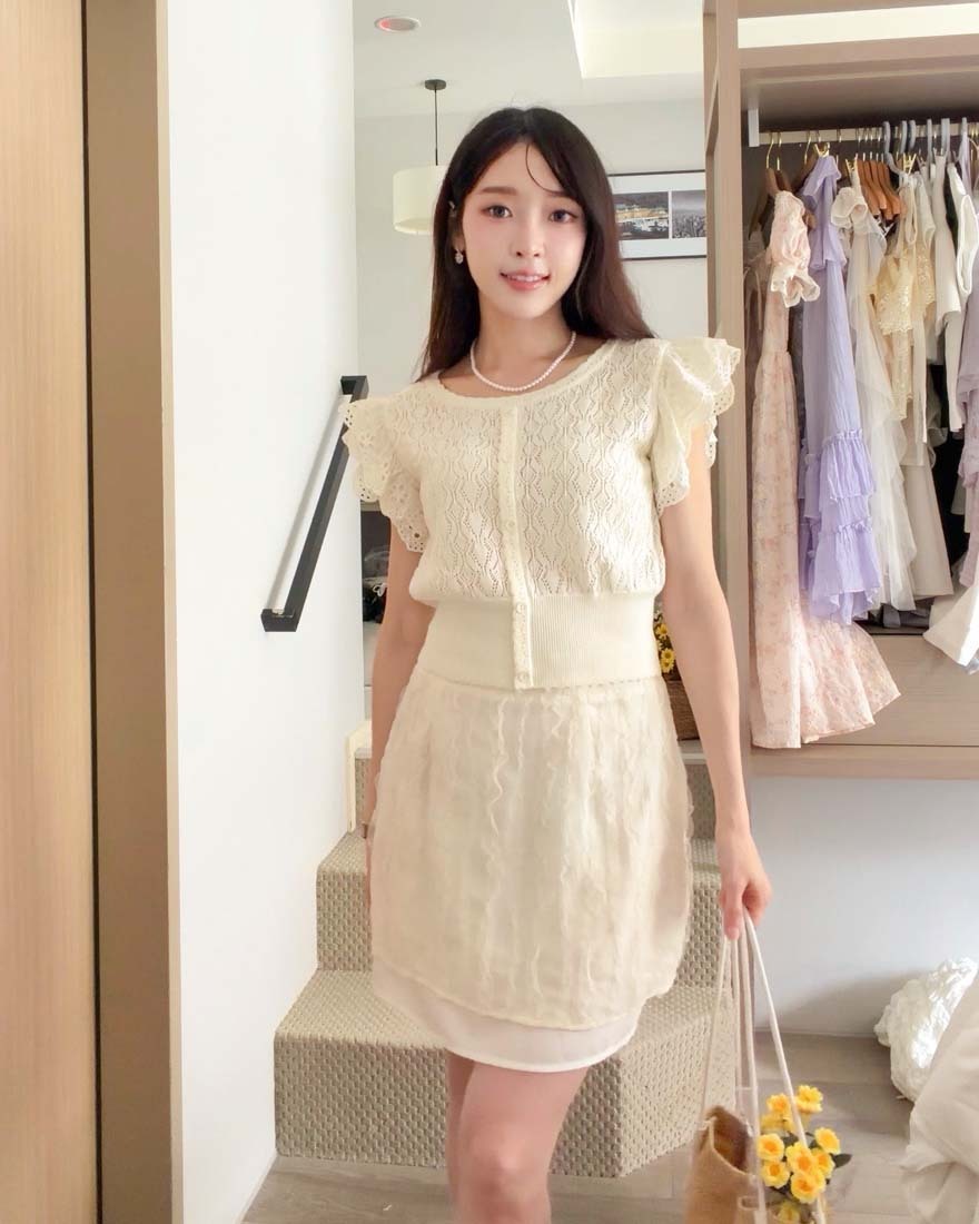 LINA LINA溫柔手扎立體波紋網紗滾邊層次短裙-柔美杏