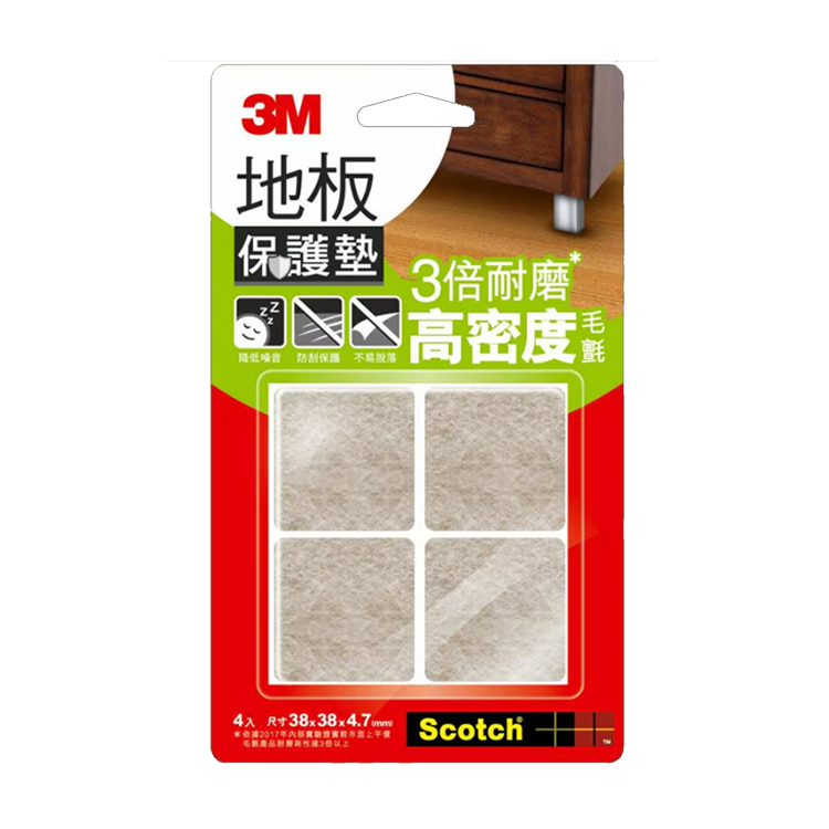 【3M】地板保護墊38mm(米色x4入)-方型 地板 保護墊 安全 防護 高密度 耐磨 毛氈 降噪