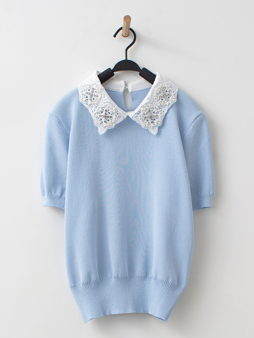 日系優雅珍珠蕾絲領片針織上衣