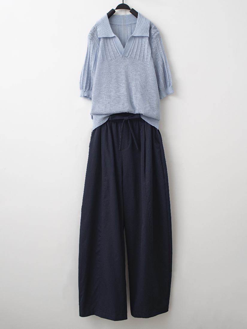 開襟竹節感針織上衣壓線繭型修身寬褲組合