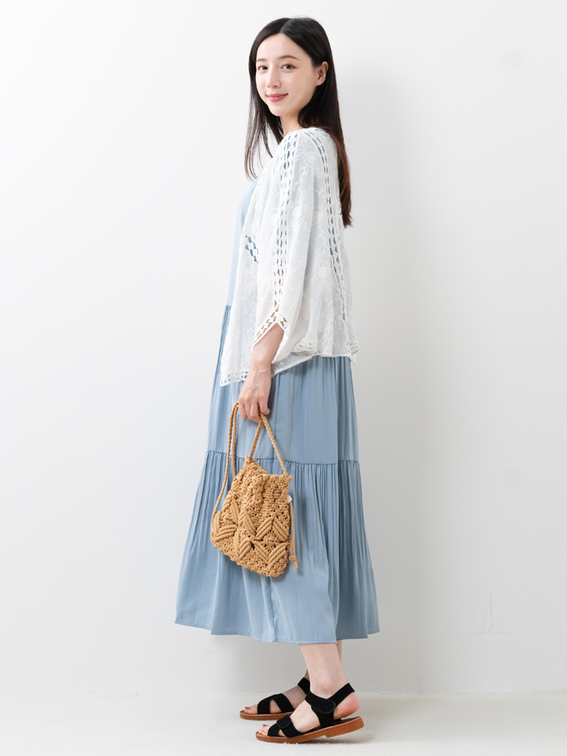 棉繡花簍空編織罩衫壓褶短袖長洋裝組合