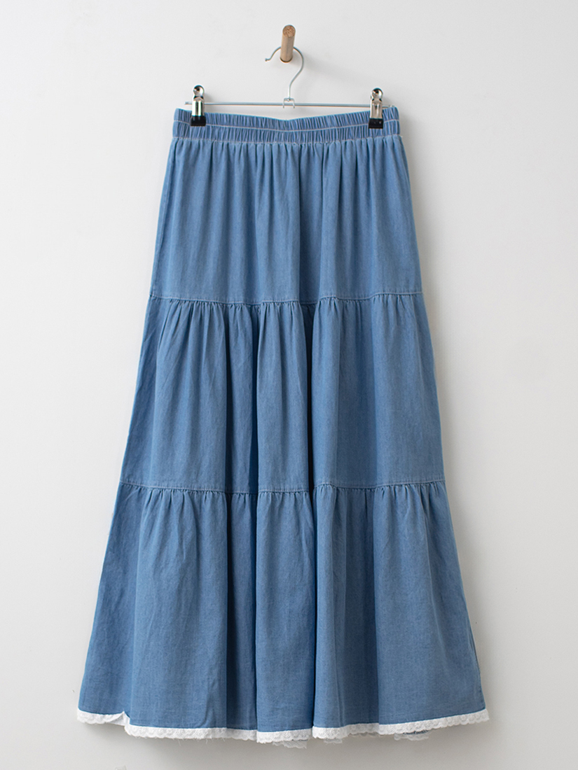 蕾絲拼接水洗薄棉牛仔蛋糕裙