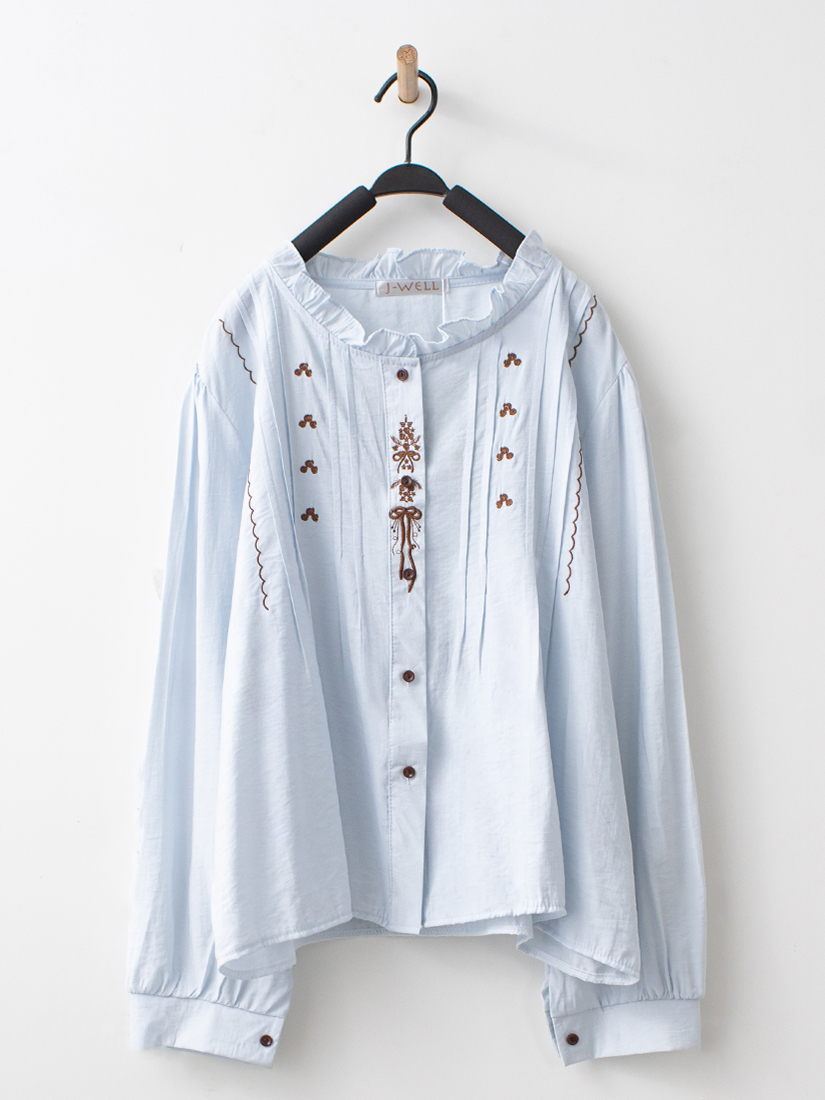 輕甜荷葉小立領刺繡壓褶開襟襯衫