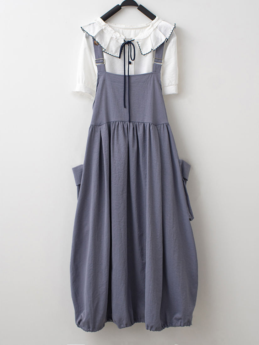 荷葉領綁帶襯衫側口袋花苞吊帶洋裝組合