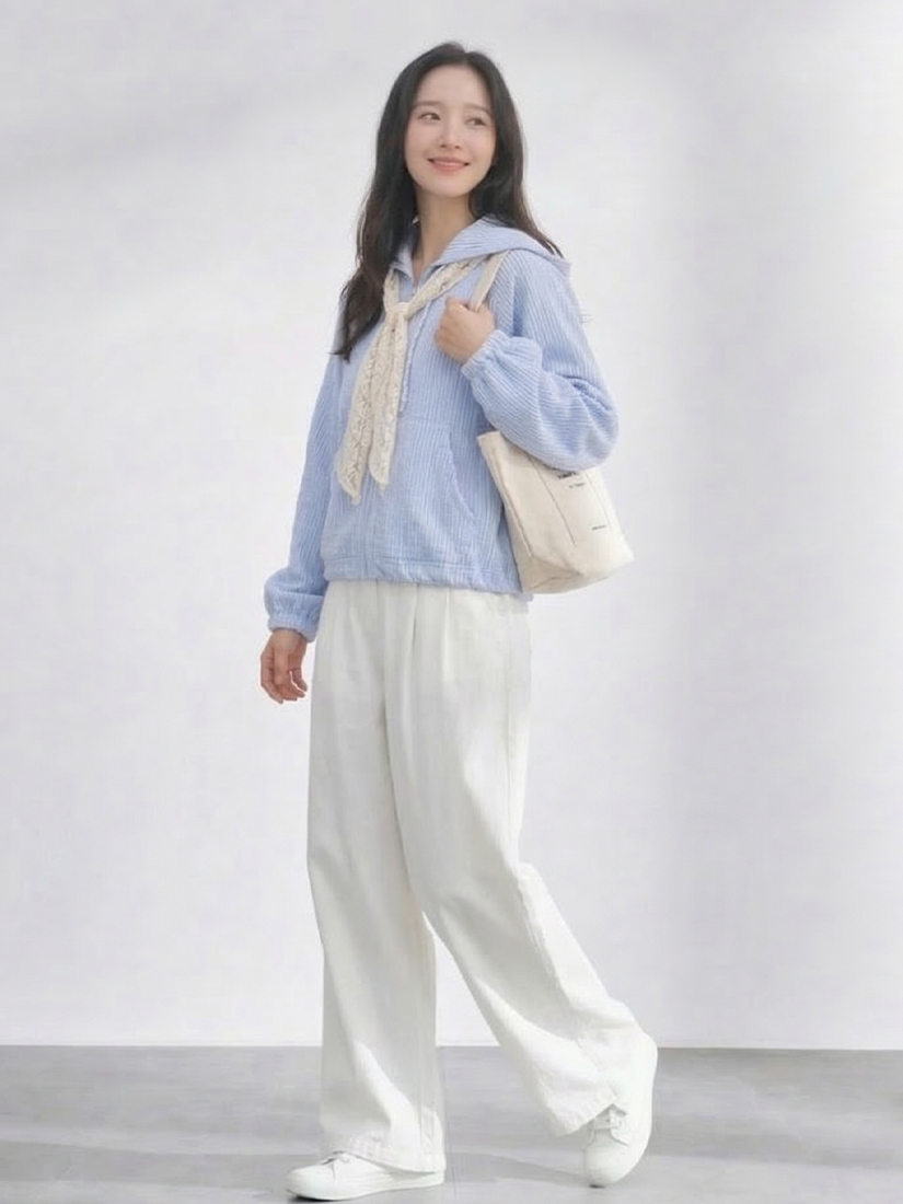 直條紋半開襟連帽上衣跳色配釦剪接寬褲組合