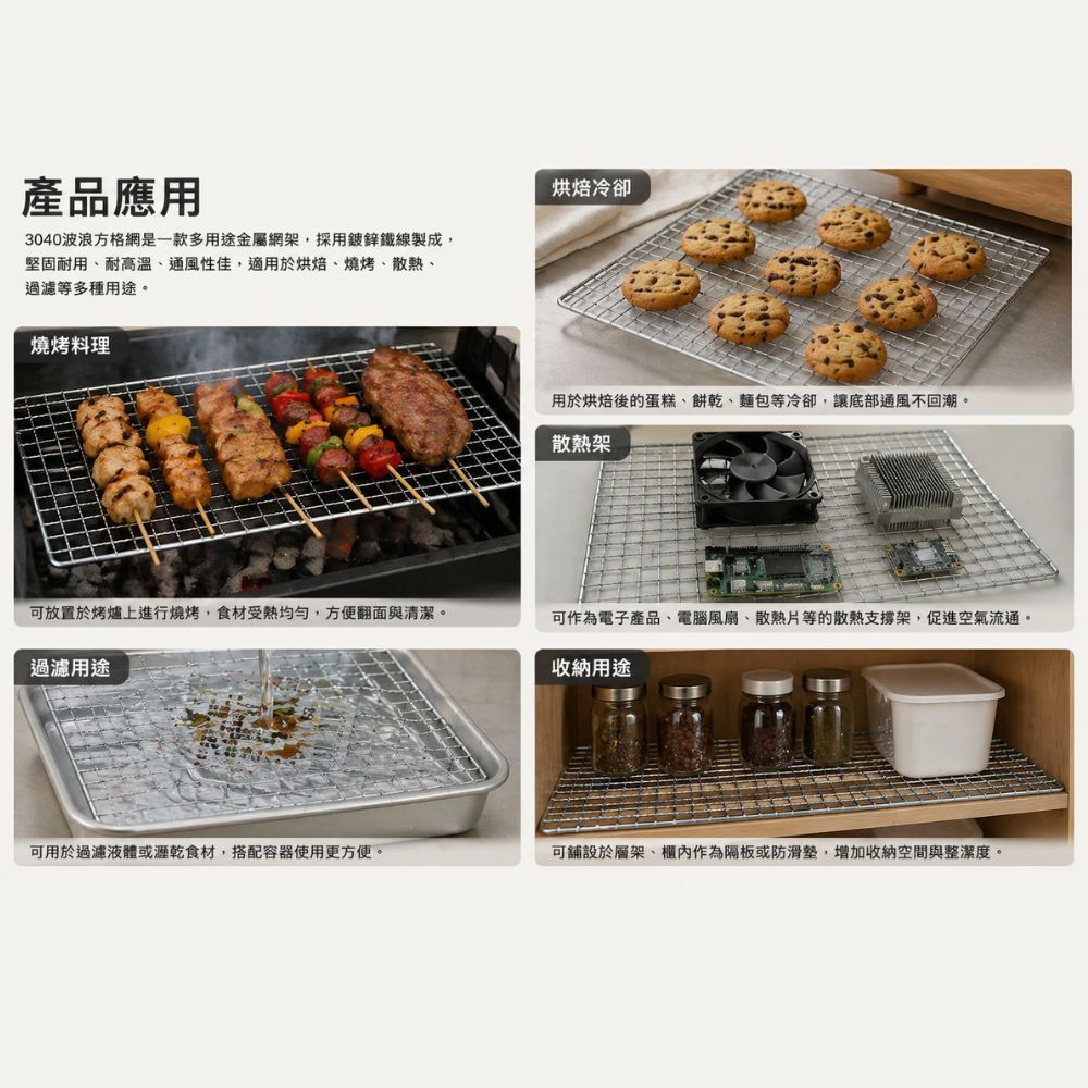3040波浪方格烤肉網40x30cm｜烤網 烘焙散熱架 瀝油架 收納層架 多用途網架【輕鬆購五金百貨】