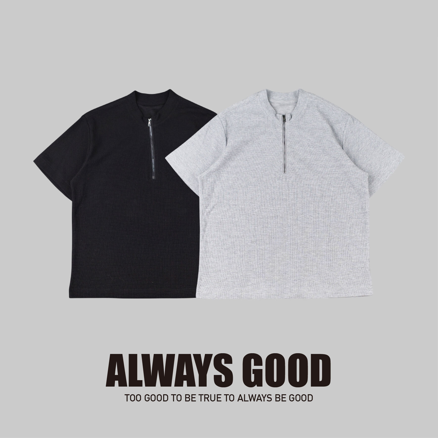 『Always_Good』華夫格 半拉鍊 假兩件 短T