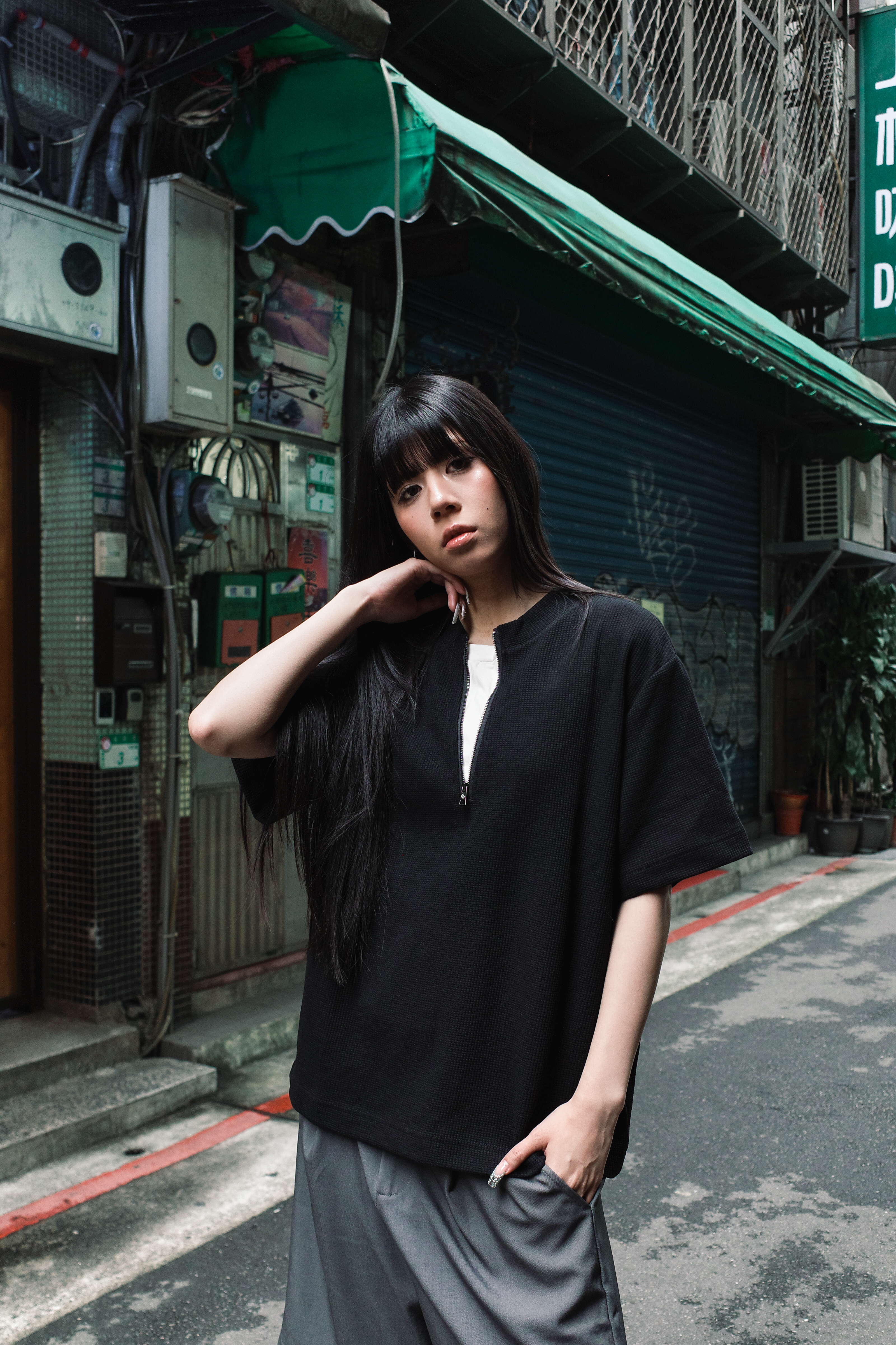 『Always_Good』華夫格 半拉鍊 假兩件 短T